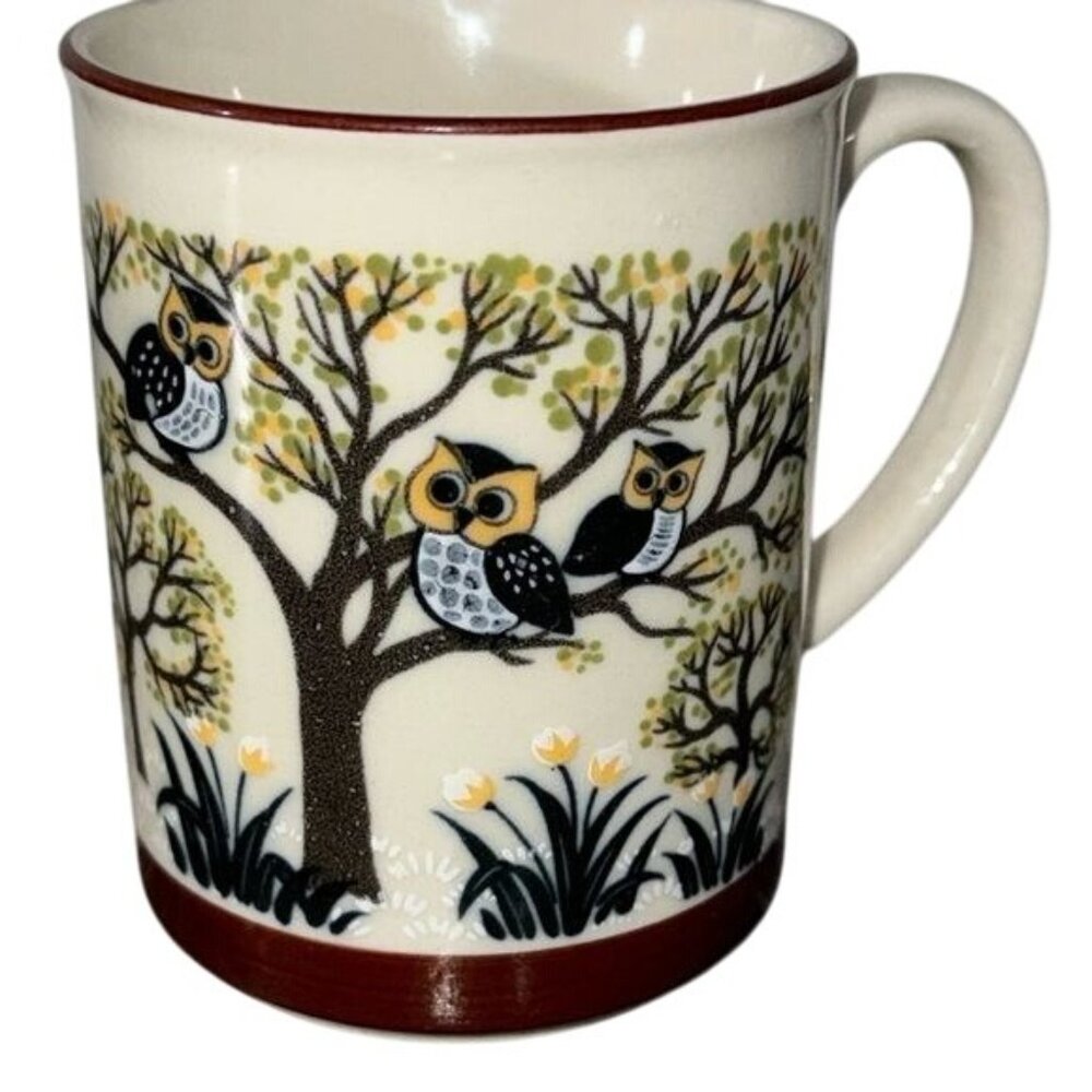 Vintage Ceramic Owl Mug With Trees Design